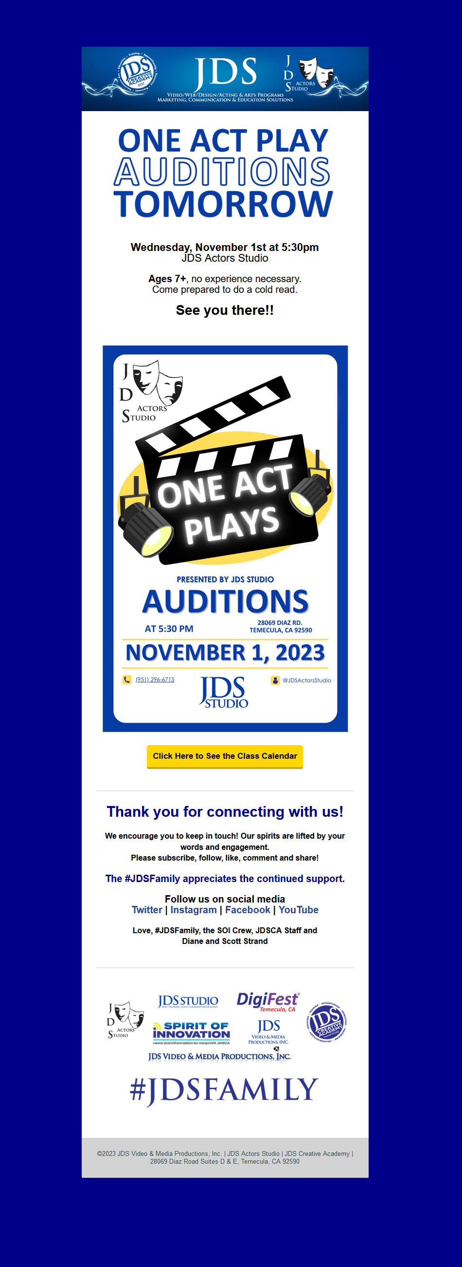 One Act Play Auditions TOMORROW! #JDSFamily